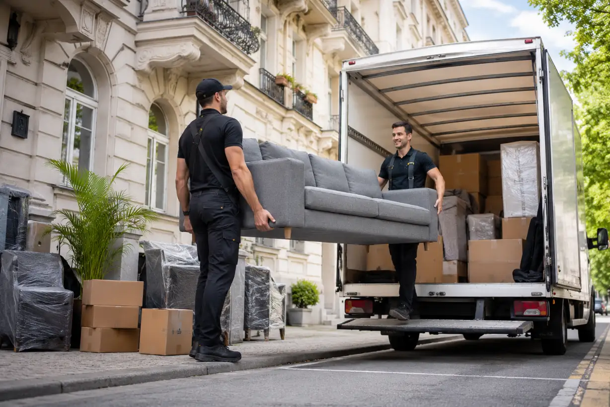 Zwei Möbelpacker von Swift Umzug tragen ein Sofa vor einem Wiener Altbau in den Möbelwagen