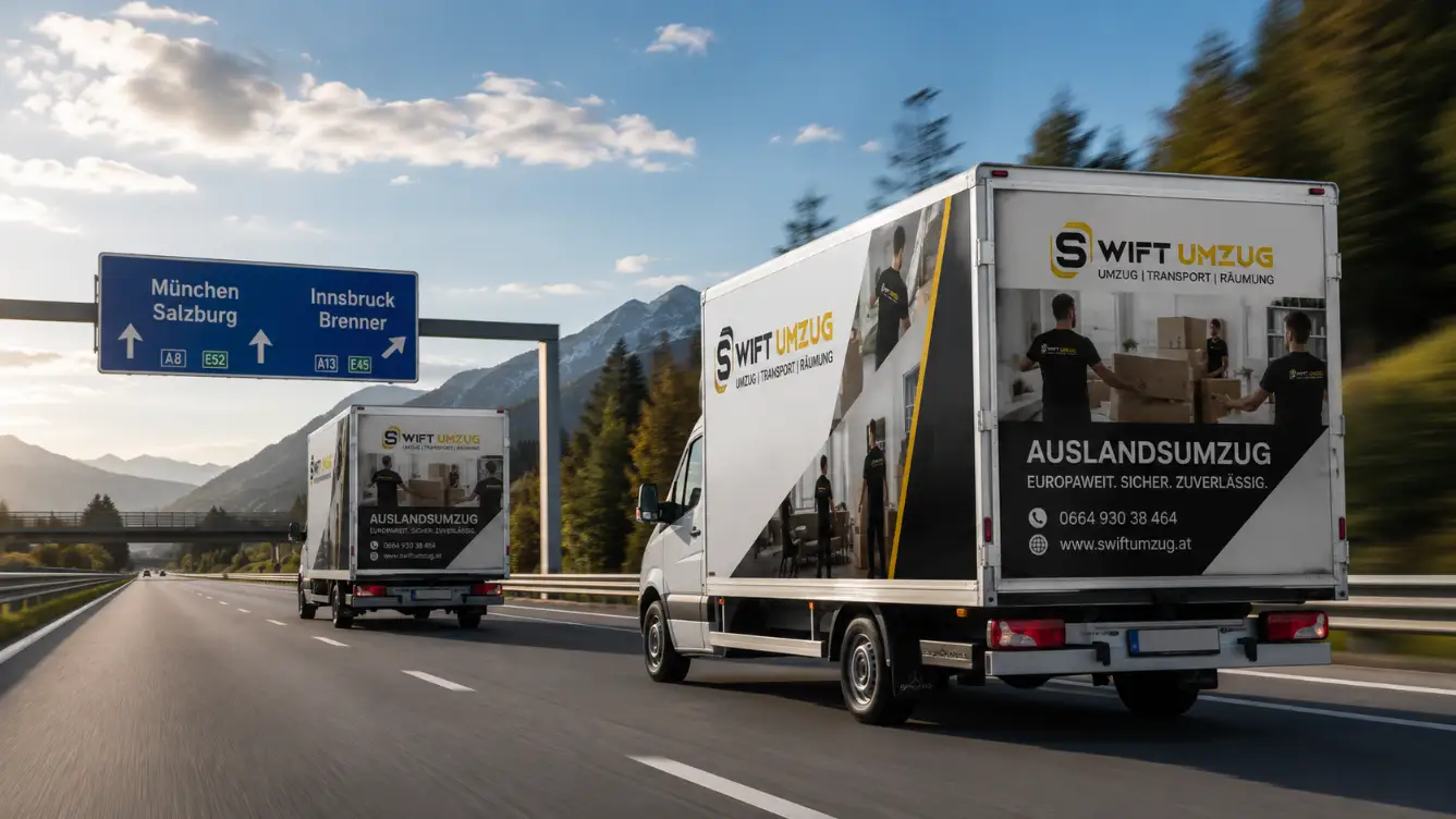 Zwei Swift-Umzug-Transporter auf der österreichischen Autobahn — auf dem Weg zu einem Langstrecken-Umzug