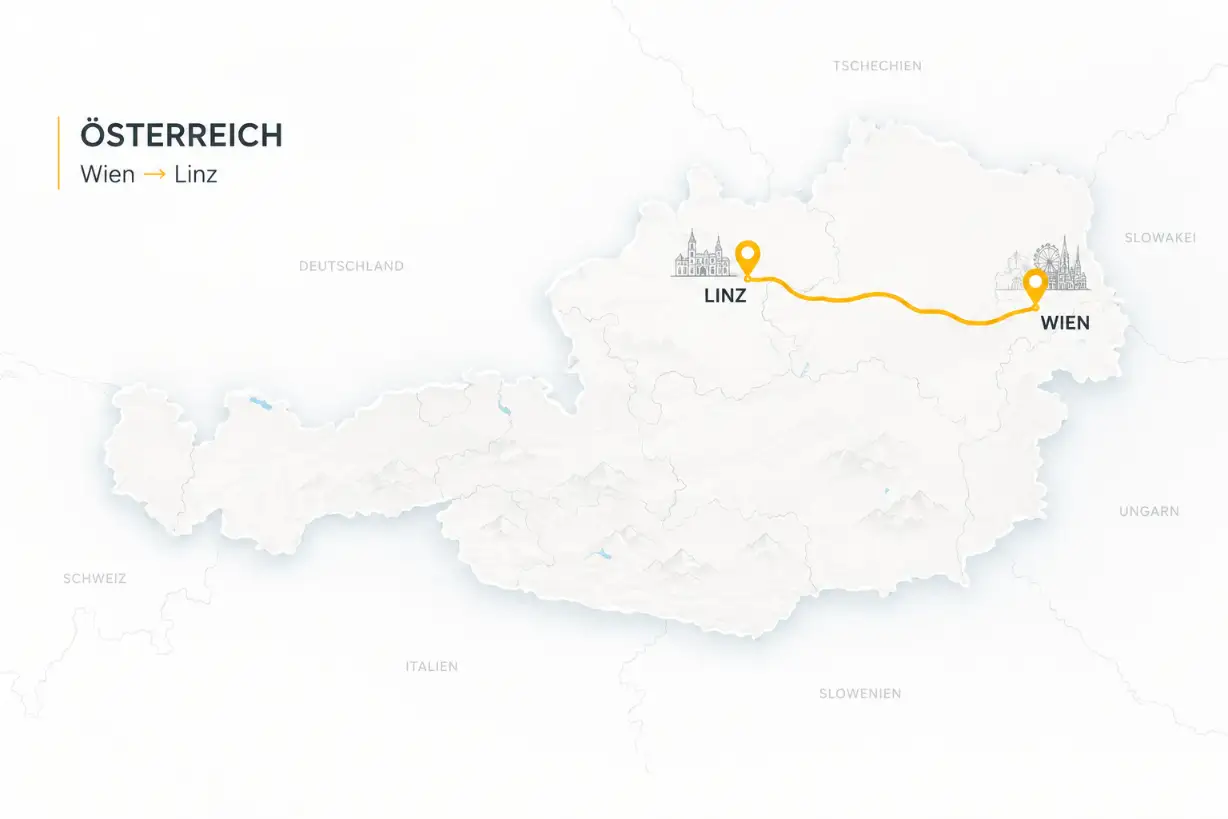 Österreich-Karte mit eingezeichneter Umzugsroute Wien → Linz entlang der A1